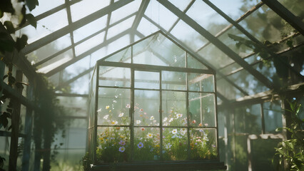 cinematic realistic photo of a glass greenhouse suspended above the clouds