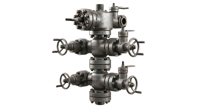 Industrial Metal Valve Assembly with Multiple Control Valves and Handwheels on White Background