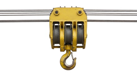 Yellow Industrial Crane Hook with Pulley System and Steel Cables on White Background