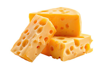 Close-up of three pieces of Swiss cheese, showing many holes and the yellow color