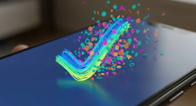 Colorful checkmark made of light trails emerging from a smartphone screen with confetti