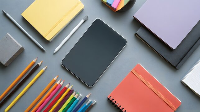 top view of study desk with notebooks pencils and digital tablet creative workspace