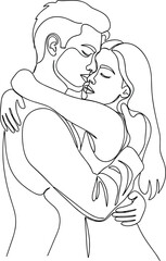 Continuous line art drawing of a loving couple embracing tenderly, romantic hug, minimalist, one line, simple, abstract, black and white illustration.