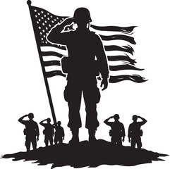Saluting soldiers with American flag silhouette