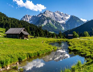 Fototapeta premium Alpine meadow with stream and huts below snow-capped mountain range on a sunny day