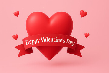 A vibrant 3D rendering of a large red heart wrapped in a festive ribbon, a romantic symbol for a Happy Valentine's Day greeting card
