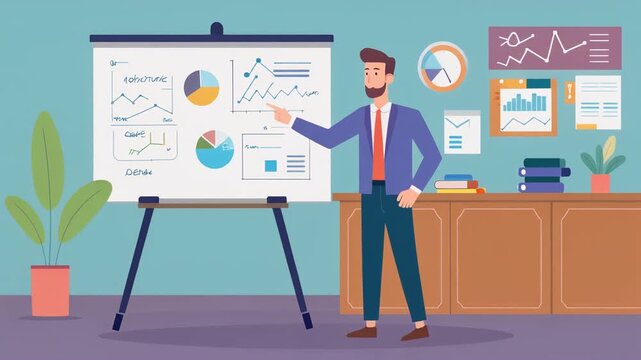 Businessman presenting data on whiteboard in office