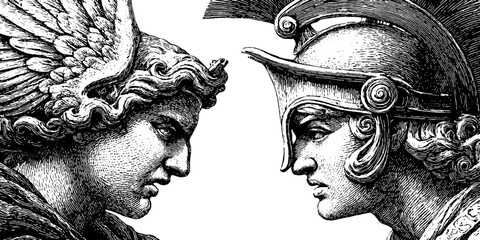 Mythological battle scene relief - vintage engraved panel design for art and history enthusiasts