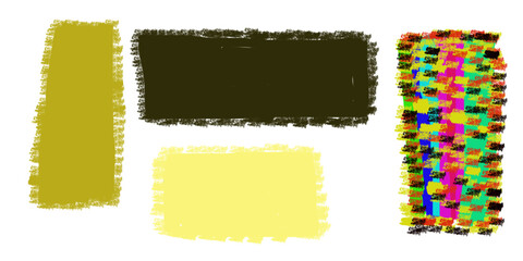 Abstract block arrangement on white background, featuring various shades of yellow, ochre, and brown, with a complex multicolored rectangular element