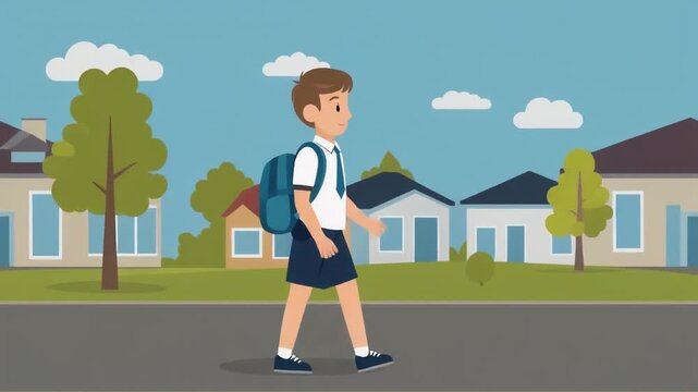 Young boy with backpack walking to school
