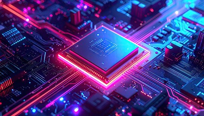 Futuristic Microchip Processor Glowing on Circuit Board with Neon Lights.