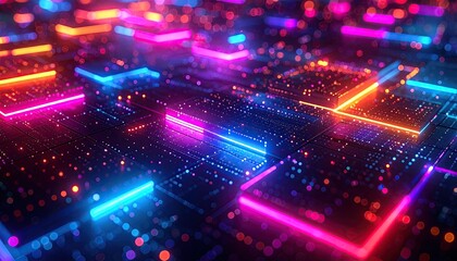 Abstract Digital Circuit Board With Neon Blue Pink And Orange Lights In A Futuristic Network Grid Pattern