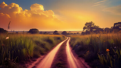 Fototapeta premium Dirt Road Winding Field Grass Wildflowers Sunset Orange Yellow Sky Trees Horizon Landscape Peaceful Serene Warm Light Nature Outdoors Generative AI