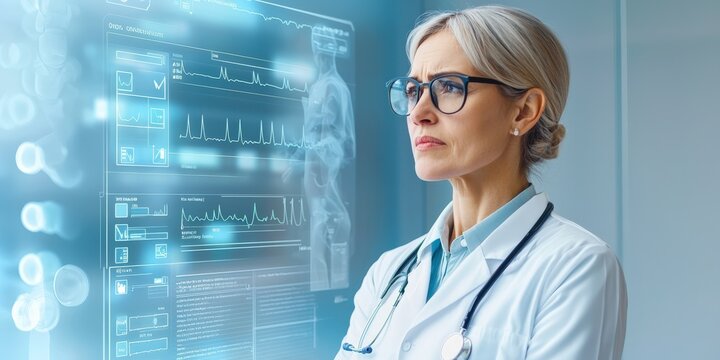 Vaccines protection distribution concept. Medical professional analyzing digital health data with a futuristic display.