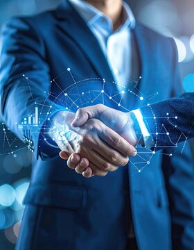 Business professionals shaking hands symbolizing partnership and digital connection.