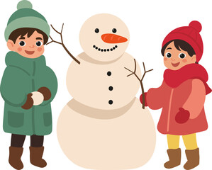 Cute vector illustration of two children building a snowman in winter. Happy kids in warm clothes playing outdoors on a snowy day. Perfect for Christmas, holiday, and seasonal designs.