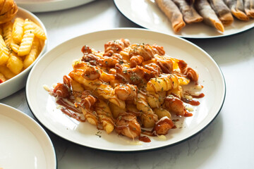 Crunchy Chicken Loaded Fries, Loaded Fries with Chicken topped with creamy mayonnaise and savory sauce, creating a delicious comfort food dish perfect for snack on white plate.