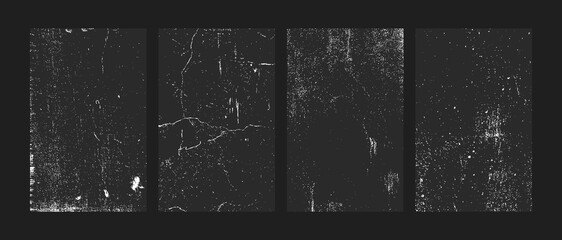 grunge overlay texture set with distressed cracked and scratched surface effects, black and white vintage noise film strip backgrounds for graphic design and photo overlay