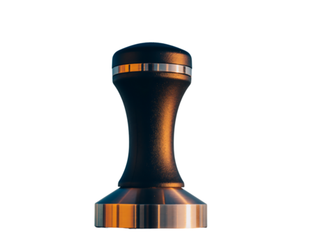Close up of a dark metal coffee tamper with a textured handle and polished silver base isolated on transparent background