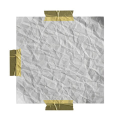 Crumpled paper sheet attached with tape on a plain isolated surface on transparent background