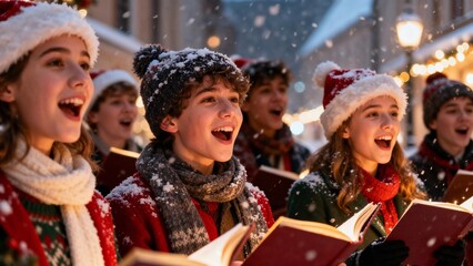 Children singing Christmas carols in snow-covered street at night  