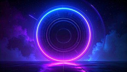 Abstract Neon Ring portal with Clouds and Stars