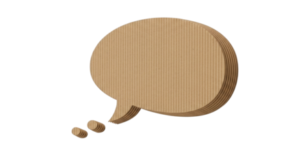 Layered corrugated fiberboard speech bubble with thought indicators on transparent background