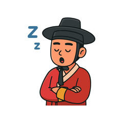 Sleeping korean man in traditional outfit. Tired asian man resting with eyes closed.