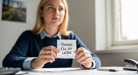 Young woman sitting at desk holding sticky note with tasks. Close up woman sitting at desk holding to-do list text Things I’ll Do Later