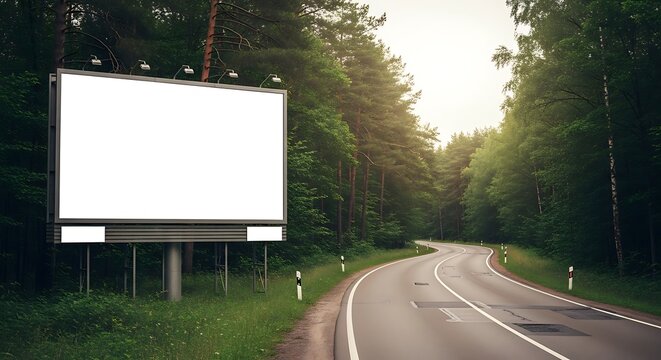 Billboard advertising space beckons amidst a serene forest road, ideal for impactful outdoor campaigns and attracting attention in a natural setting