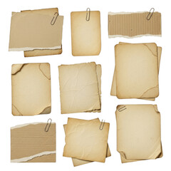 Collection of aged paper sheets with clips on a transparent surface on transparent background