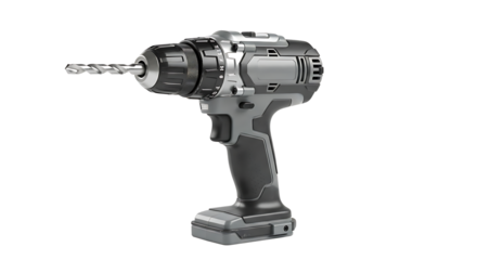 Gray Power Cordless Drill with Metal Chuck and Black Grip on White Background