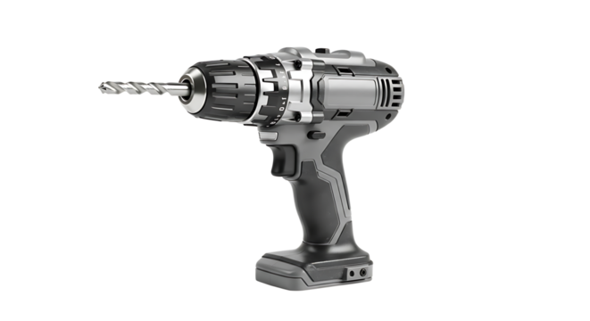 Cordless Power Drill with Metal Bit in Gray Black Design on White Background