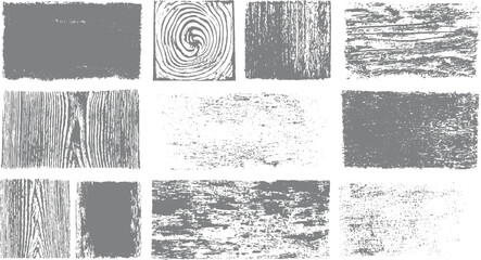 Nine grey textured grunge backgrounds and patterns including wood grain and fingerprint vector