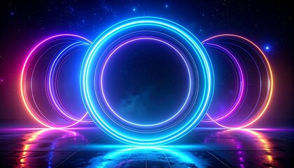 Glowing Neon Circles on a Dark Reflective Surface