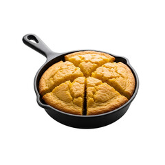 Delicious golden cornbread, freshly baked and sliced into wedges in a black cast iron skillet, perfect for Thanksgiving, holiday recipes, southern cooking, or comfort food blogs,