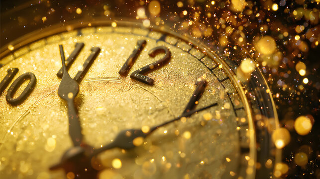 clock close up showing time 11 59 with sparkling lights symbolizing countdown and start of new year