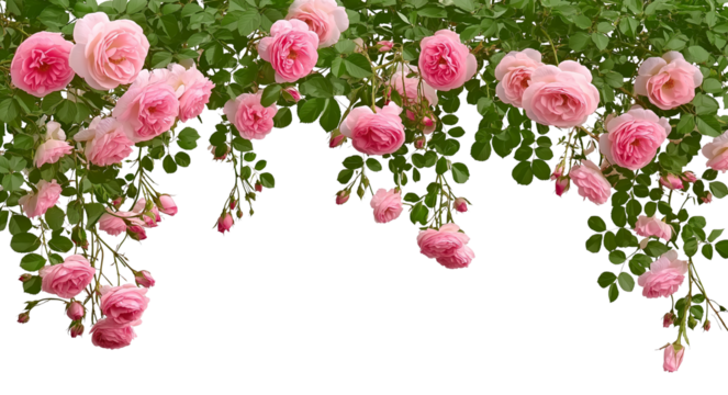 Pink Roses and Green Leaves Border isolated on a transparent background 1