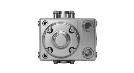 Metallic Industrial Gearbox with Circular Components and Bolts in Silver Finish