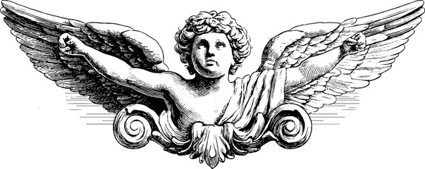 Obraz premium Symmetrical cherub with scroll in engraved sculptural relief for classic designs