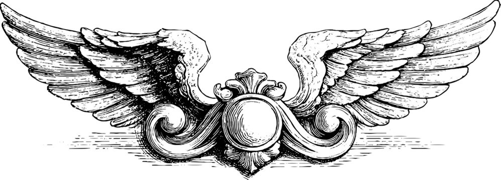 Ornate cherub relief with symmetrical scrolls and wings design for vintage decor