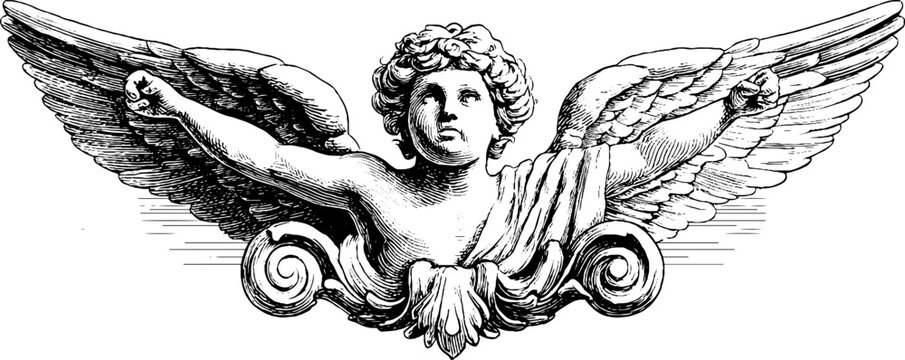 Symmetrical cherub with scroll in engraved sculptural relief for classic designs