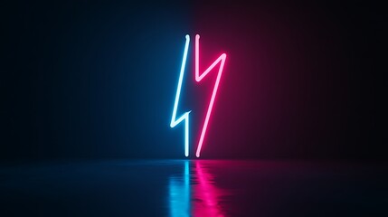 Neon lightning bolt Cyan and magenta glow reflected on dark surface for dynamic aesthetic