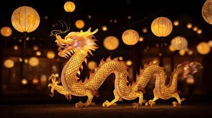 Fototapeta premium golden dragon sculpture glowing under lantern light cultural celebration background concept