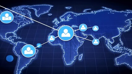 Global network map with icons of connected users and data screens on a dark blue grid. - Powered by Adobe
