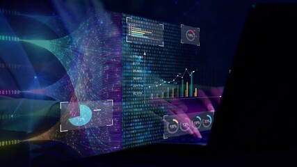 woman analyst uses a computer AI artificial intelligence and dashboard for data business analysis and Data Management System with KPI and metrics connected to the database for technology finance, - Powered by Adobe