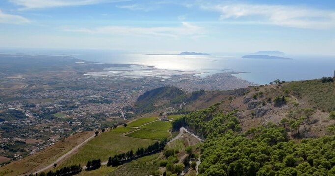 Panorama of the city of Trapani from Erice. In the background, against the horizon, are the Egadi Islands, Sicily, Italy.