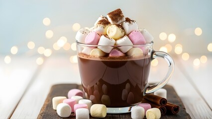 A warm and inviting cup of hot chocolate with fluffy marshmallows, perfect for a cozy winter evening with festive lights