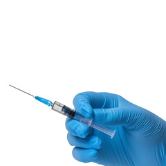 Hand in blue glove holding syringe isolated on a transparent background