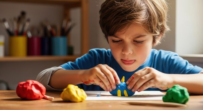 A Young Boy's Creative Expression: Sculpting Wonders with Play Dough